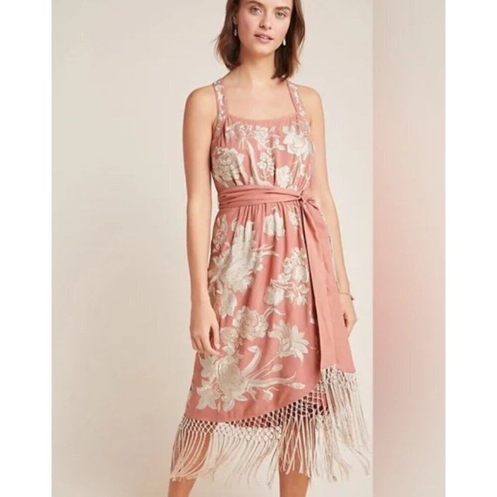 By Anthropologie Women's Sz 0 Lucile Pink Embroidery Fringe Boho Dress